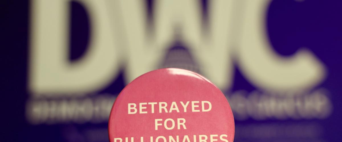 Pink button that reads "Betrayed for Billionaires"