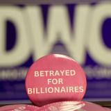Pink button that reads "Betrayed for Billionaires"